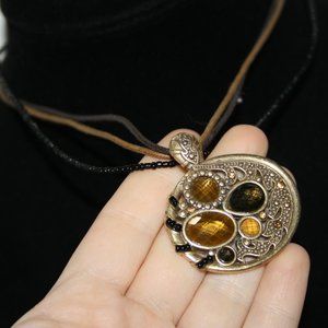 Brown cord, black beaded necklace with gold and brown rhinestones 16-19"